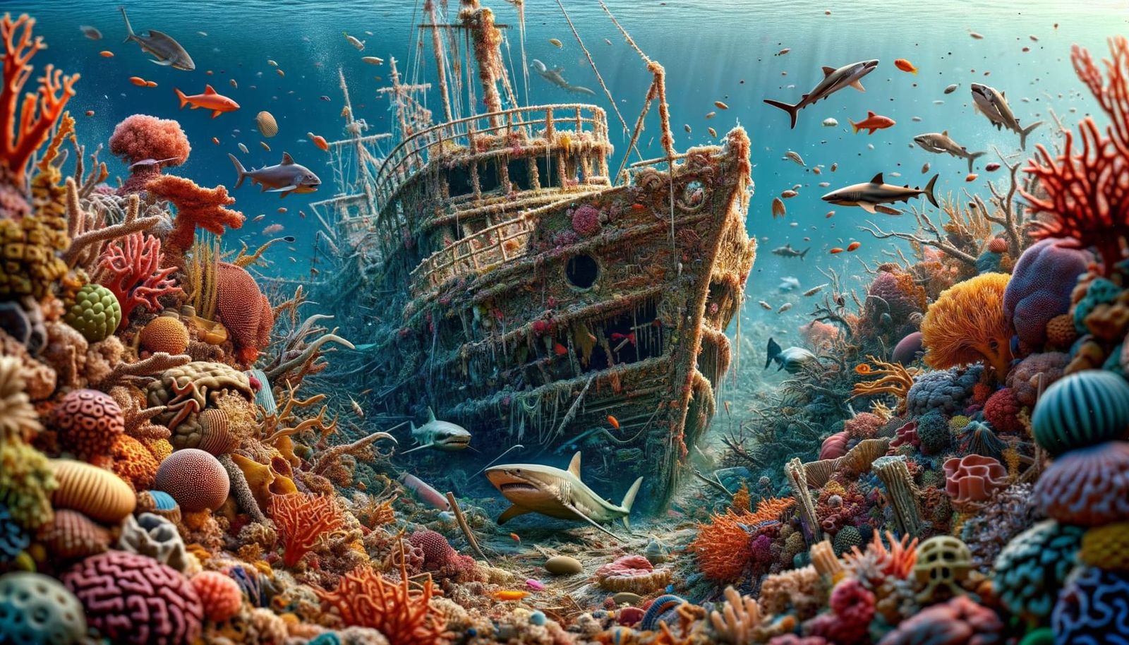 Vibrant Coral Reef and Sunken Ship