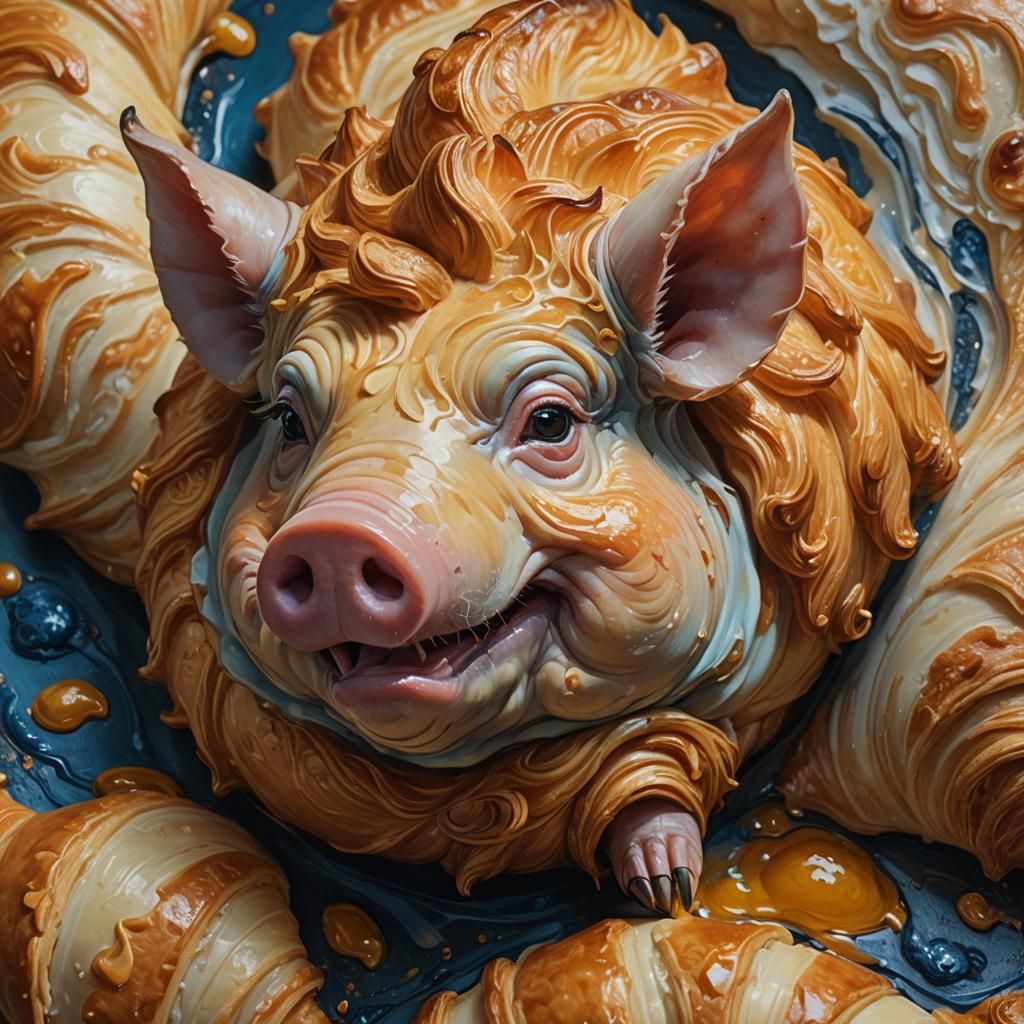 Surreal Croissant-Pig Hybrid in Oil Painting Style
