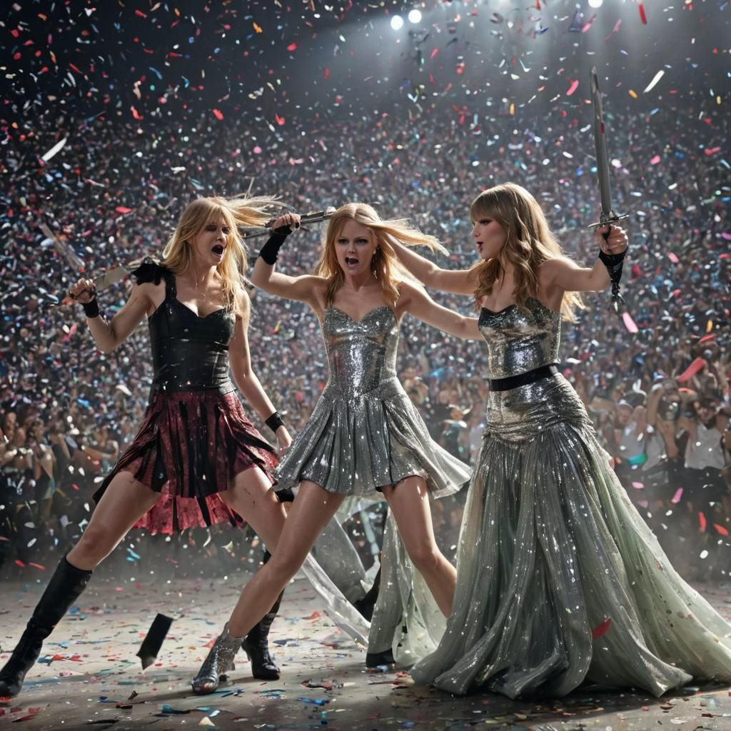 Epic Sword Fight: Pop Stars in High-Fashion Photo
