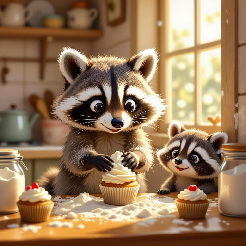 Fluffy Raccoon Baking Cupcakes in Cozy Kitchen