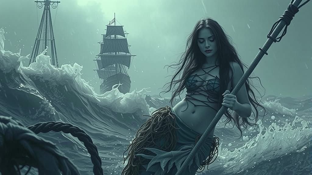 Mermaid in Stormy Sea with Sailing Ships