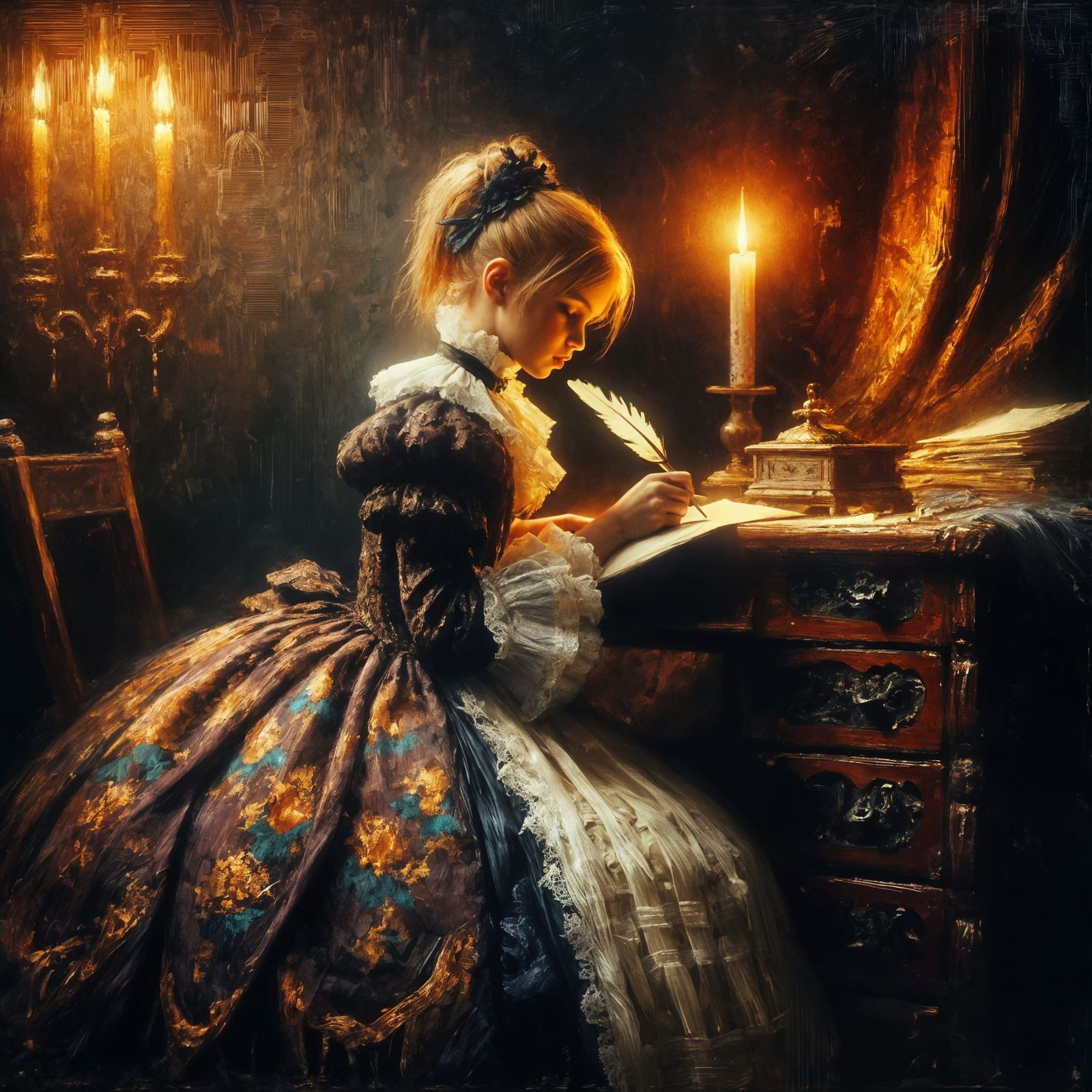 Victorian Girl Writes by Candlelight in Impasto Style