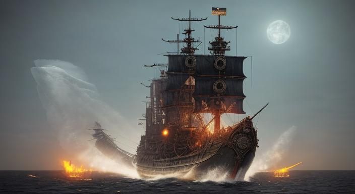 Steampunk Viking Battleship and Castle at Night