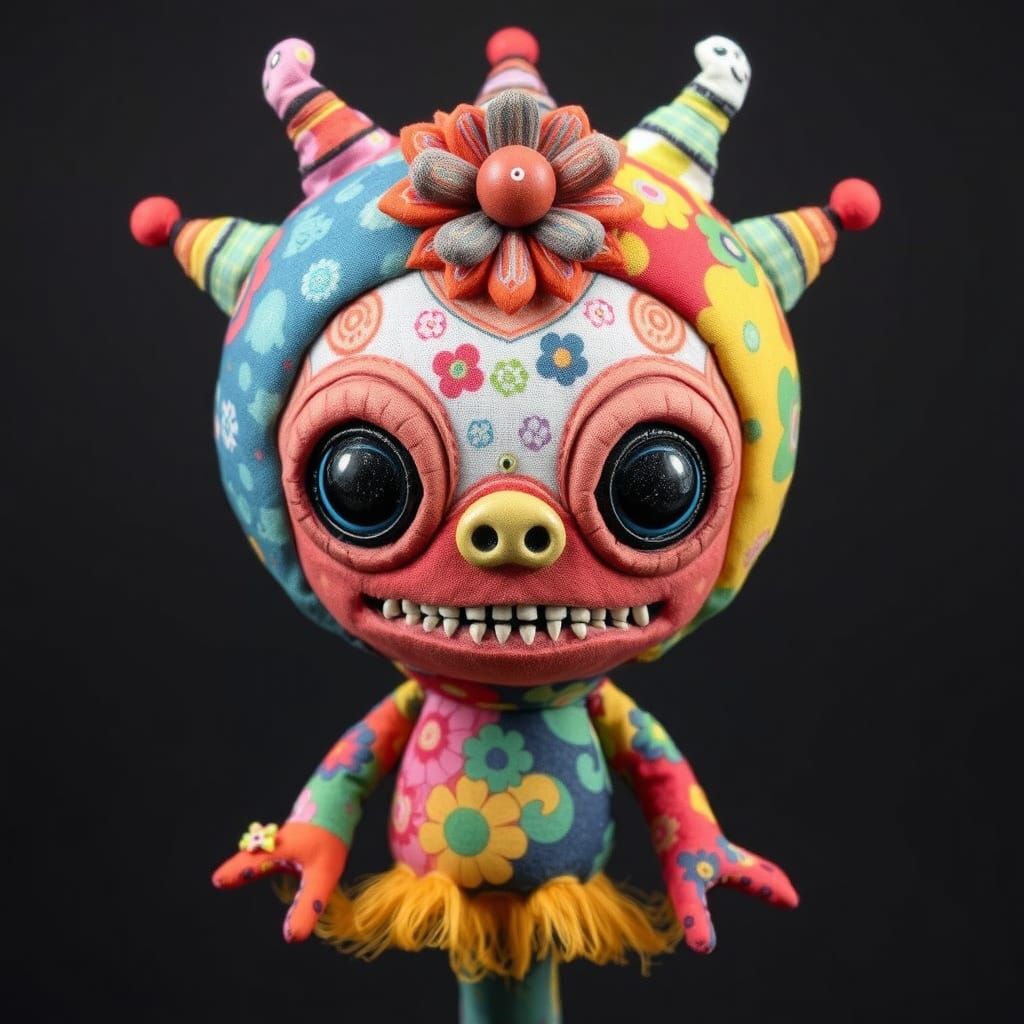 Chibi Fabric Monster Doll Head in Vibrant Exotic Style