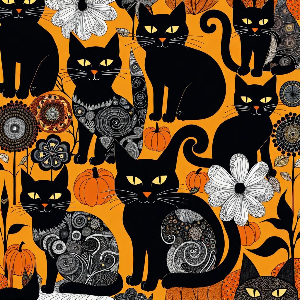 Halloween Black Cat Herd in Abstract Pointillism