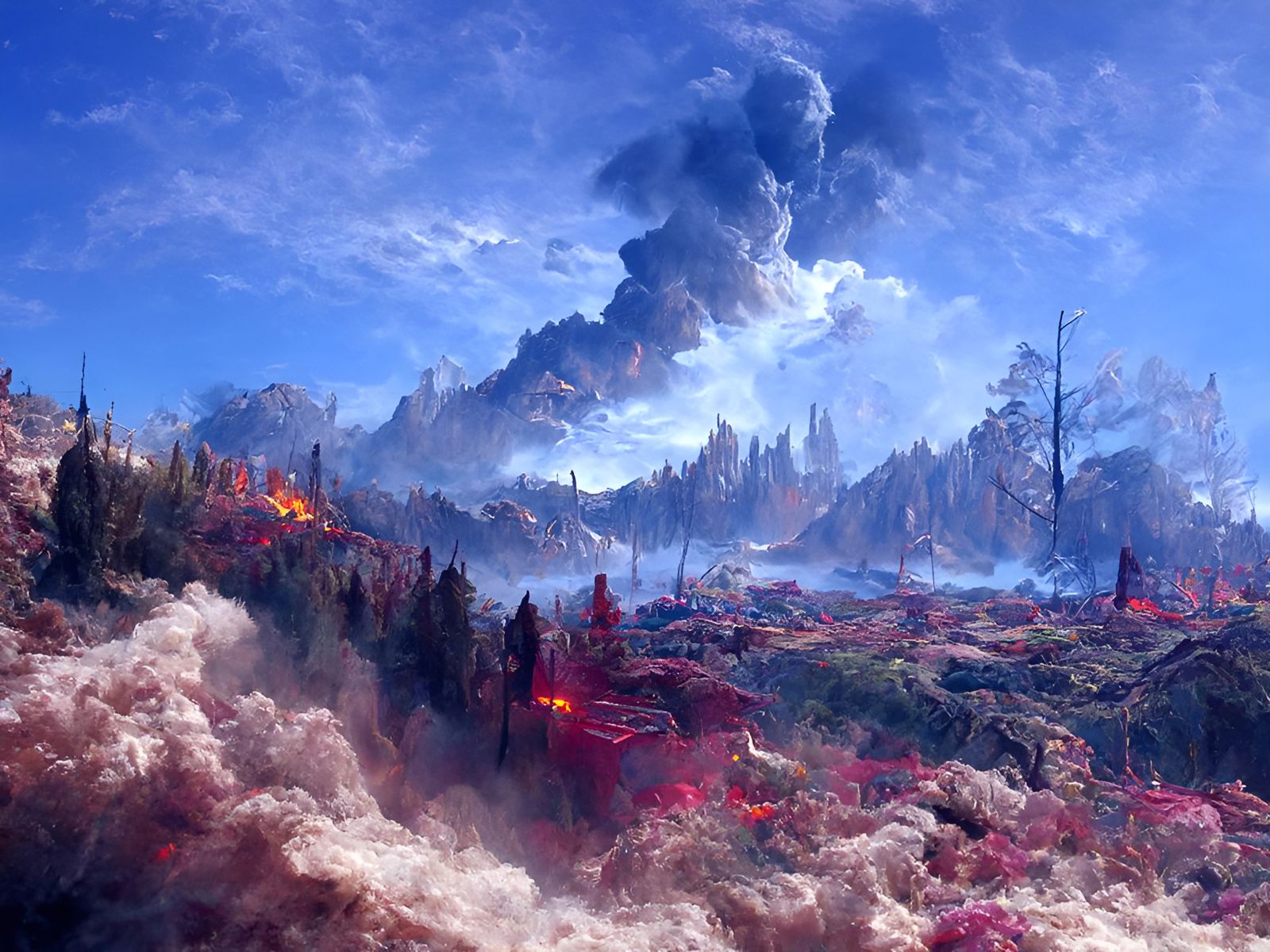 Fiery Mountain Forest Landscape in Hyperrealism Style