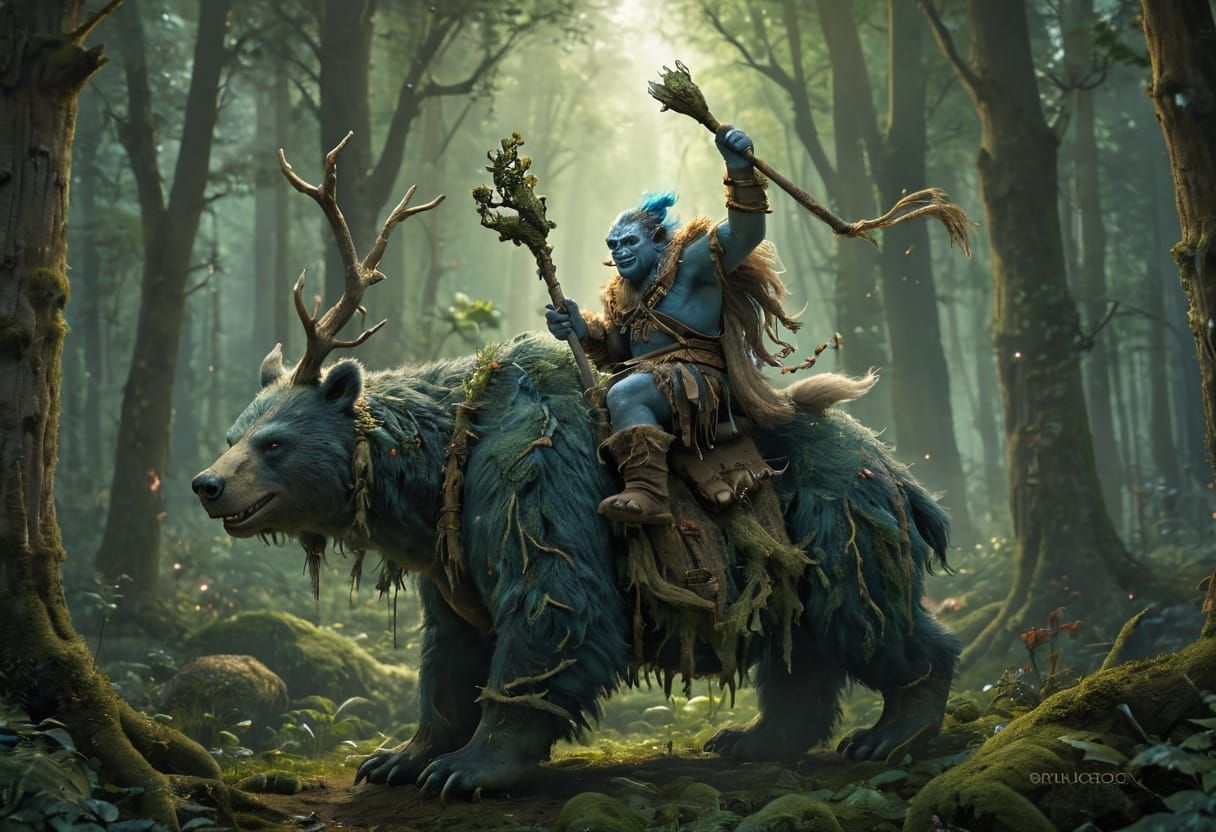 Troll on a Bear in an Enchanted Woodland