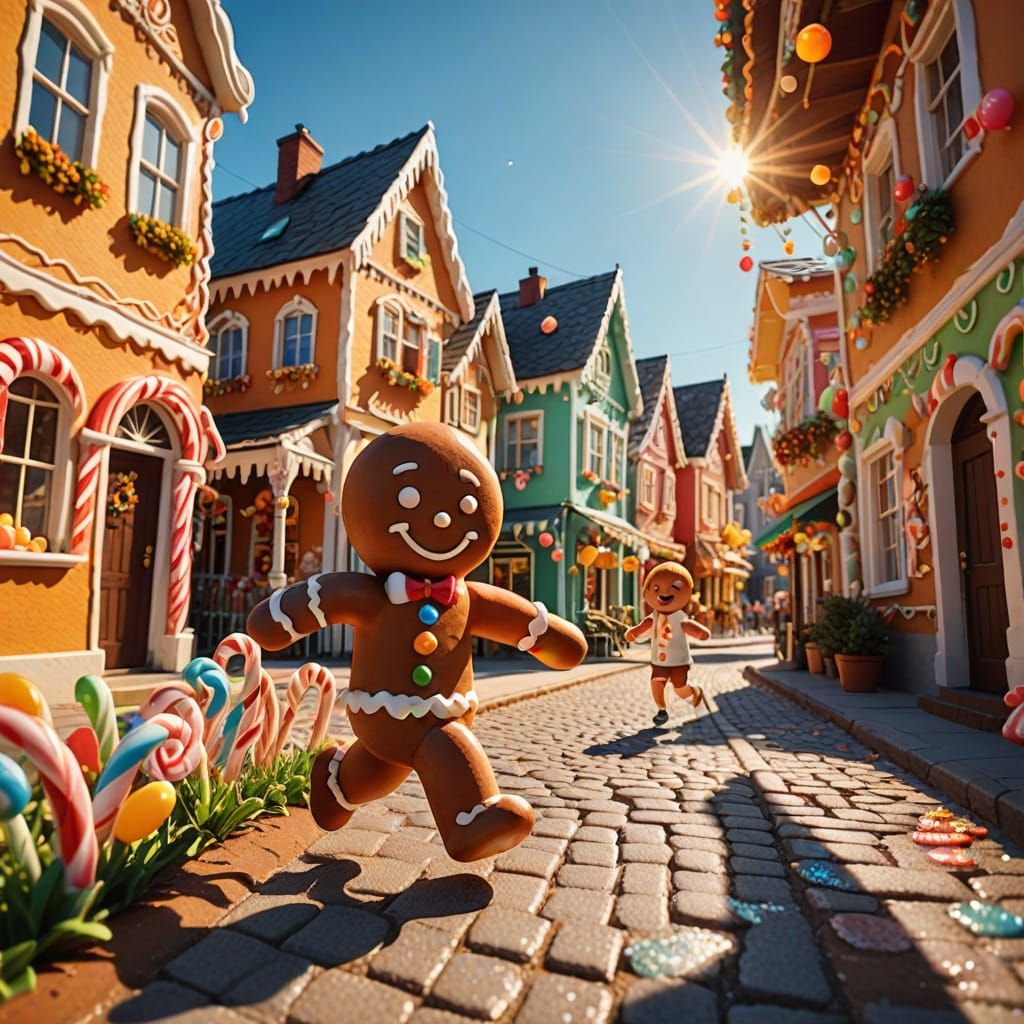 a ginger bread man running down a ginger bread Street