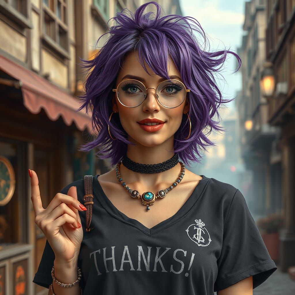 Futuristic Goddess Waves in Medieval Street Scene