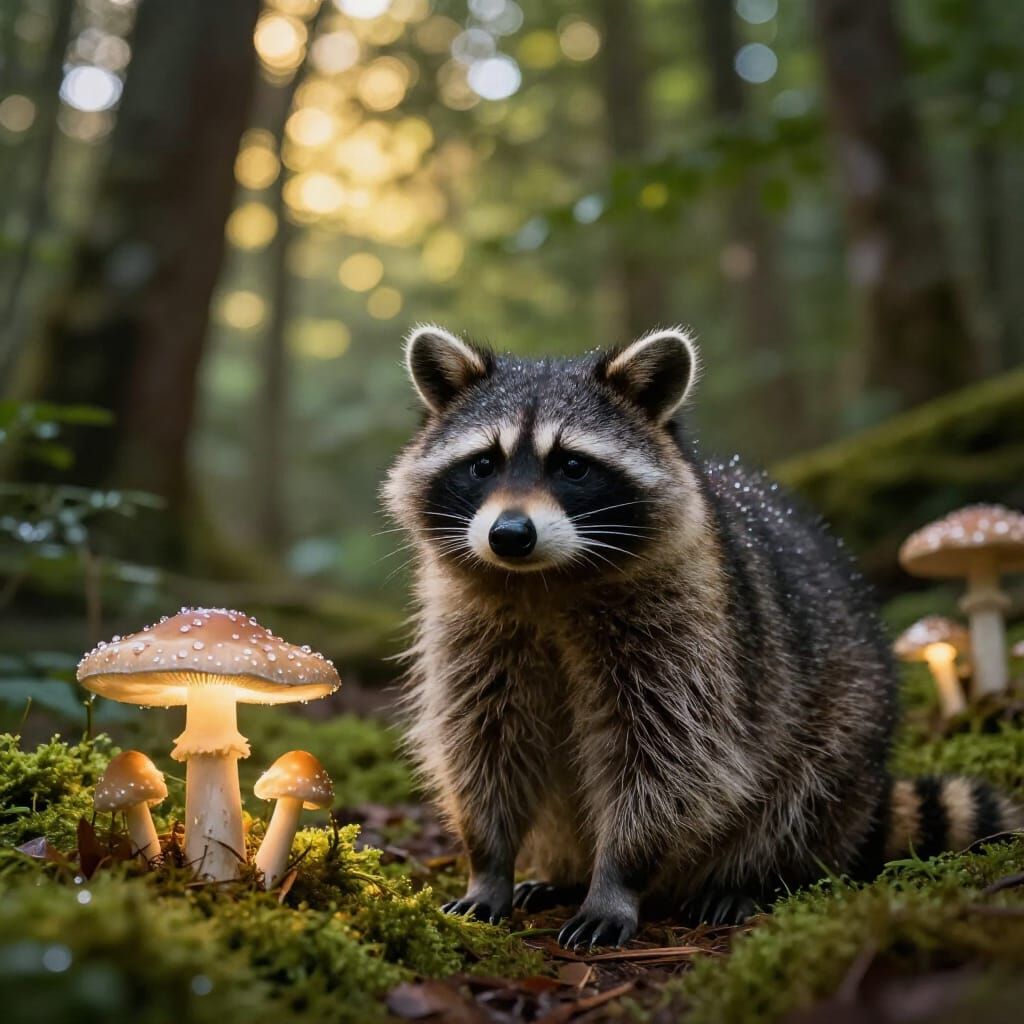 Raccoon in Bioluminescent Forest Clearing