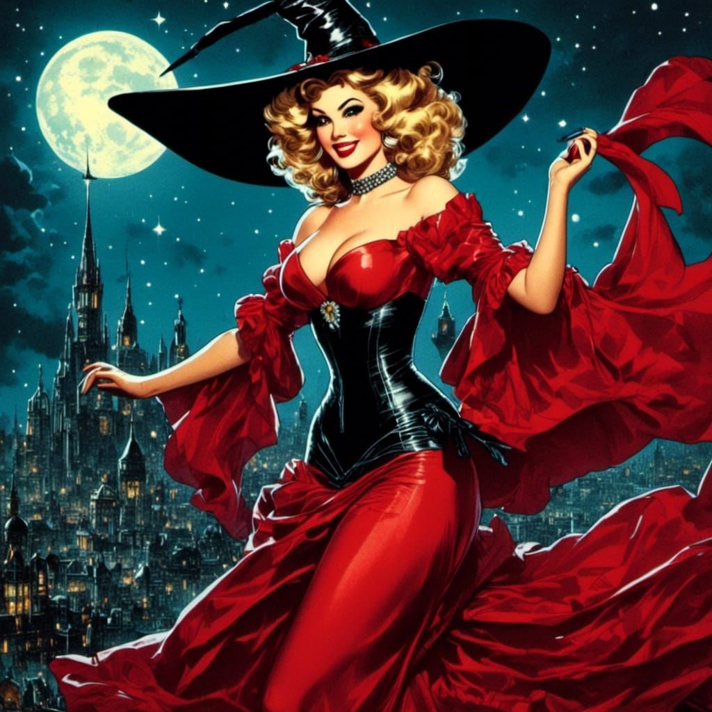 Pin-Up Witch Soaring Through Starry Sky in Comic Style