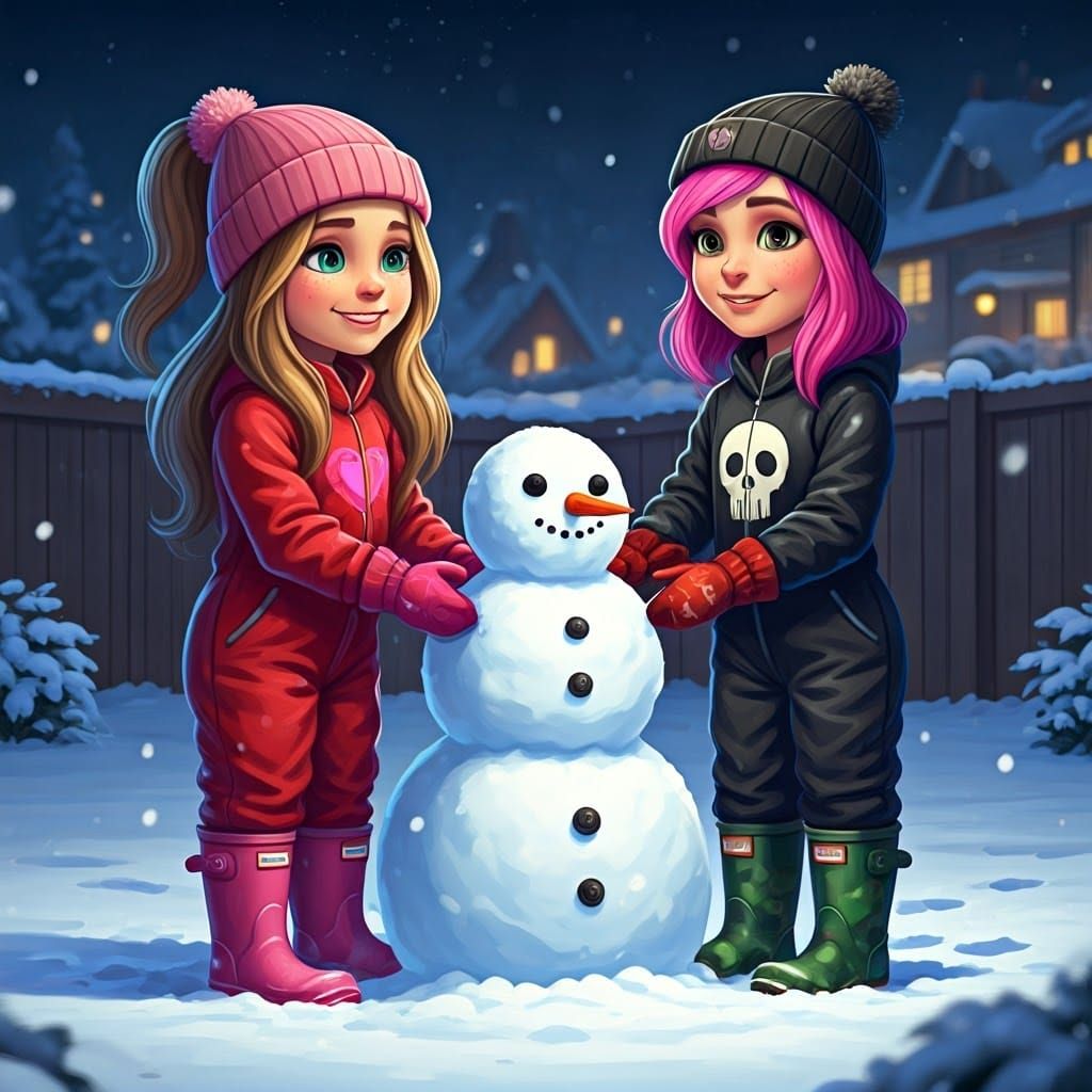 Sisters Build Snowman Together in Winter Wonderland