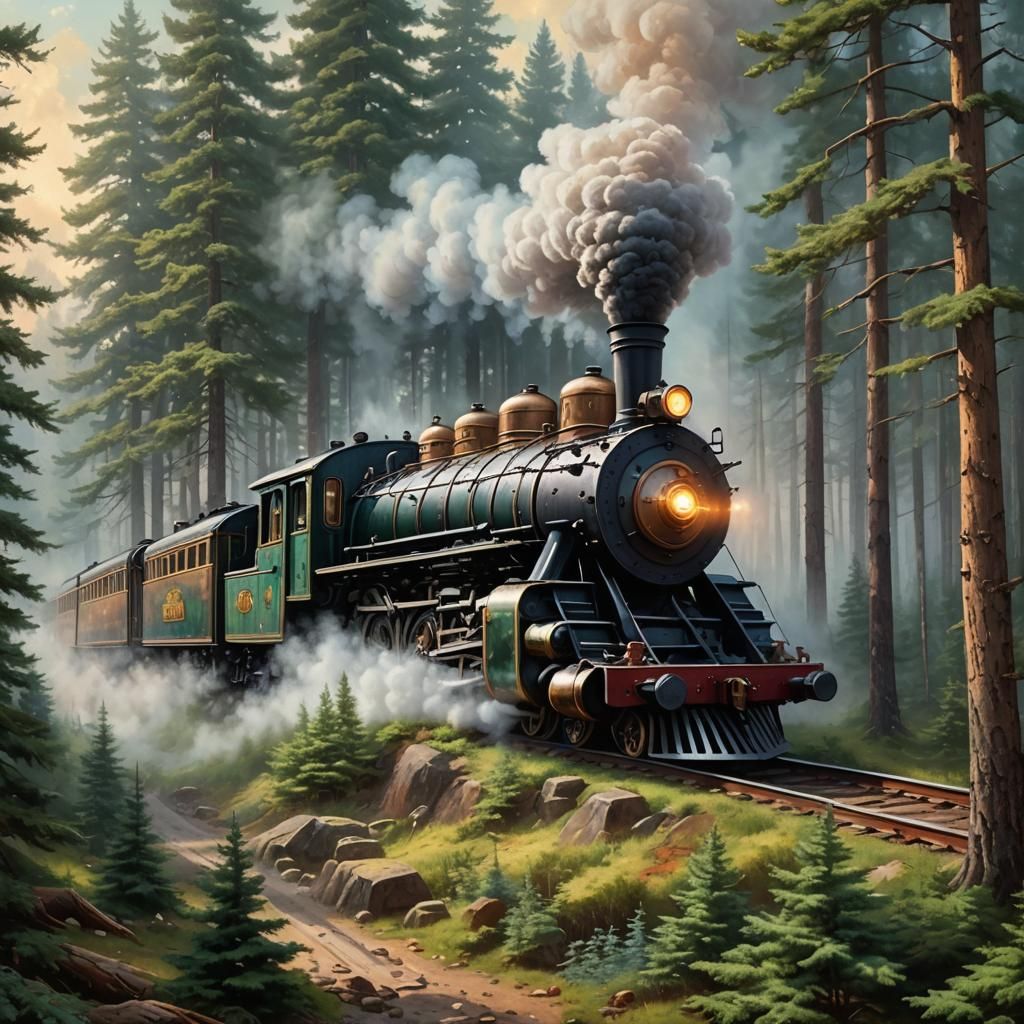 Steampunk Locomotive Through Siberian Pine Forest