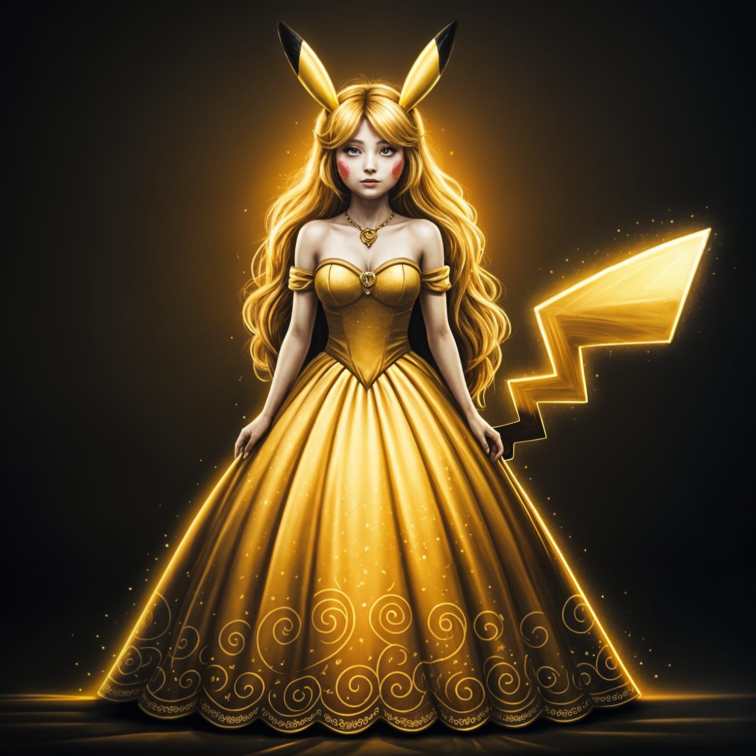 Glowing Golden Princess Pikachu in Charcoal Drawing Style
