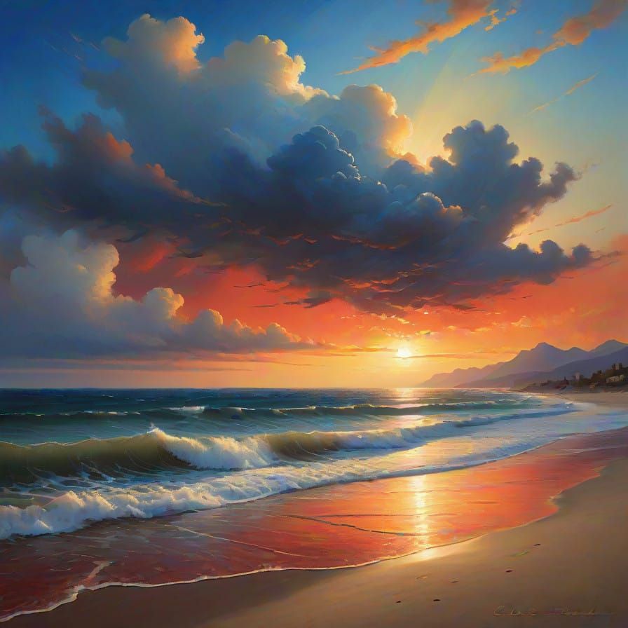 Dramatic Sunset on Serene Beach in Vibrant Colors