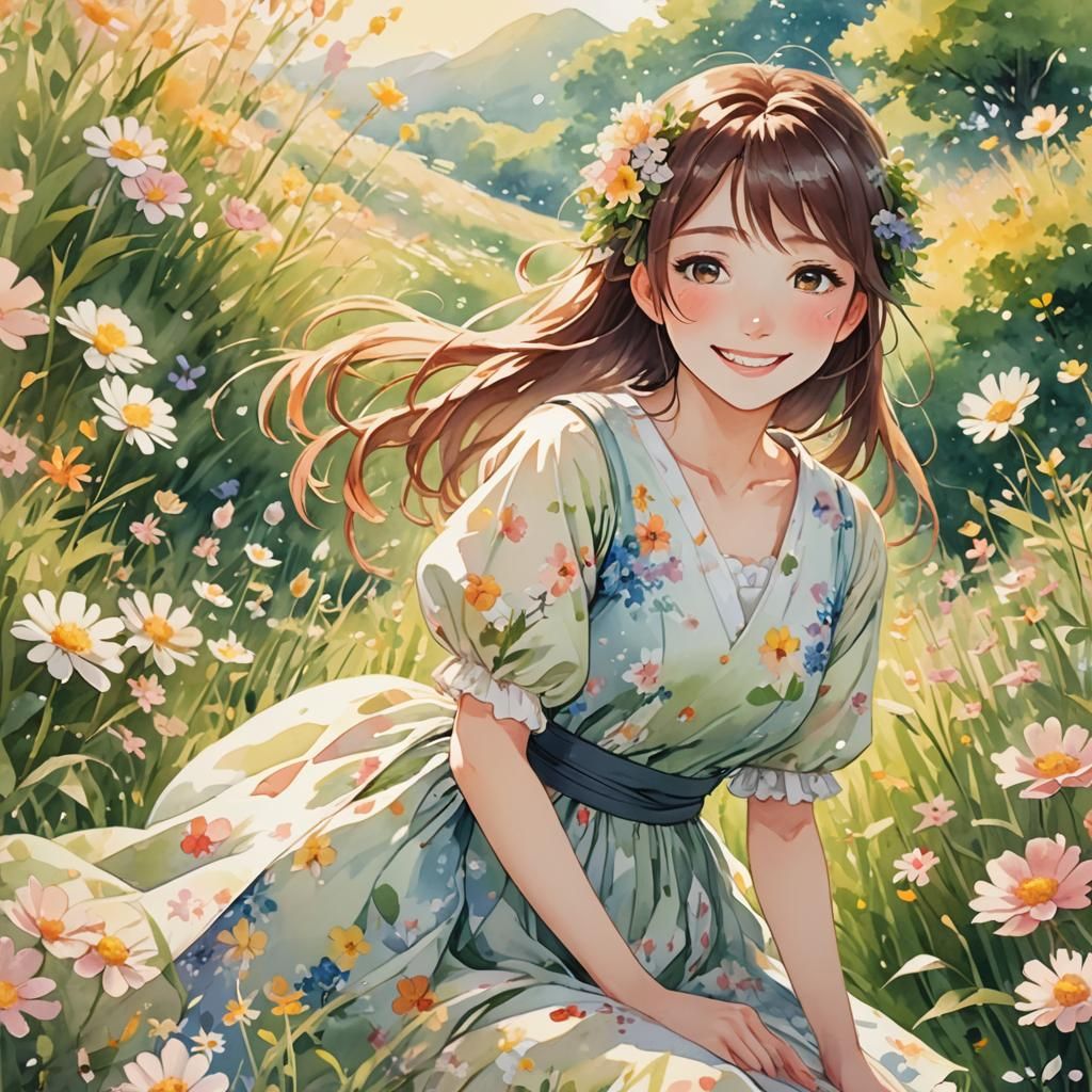 Girl in Flower Field, Japanese Watercolor Anime Style