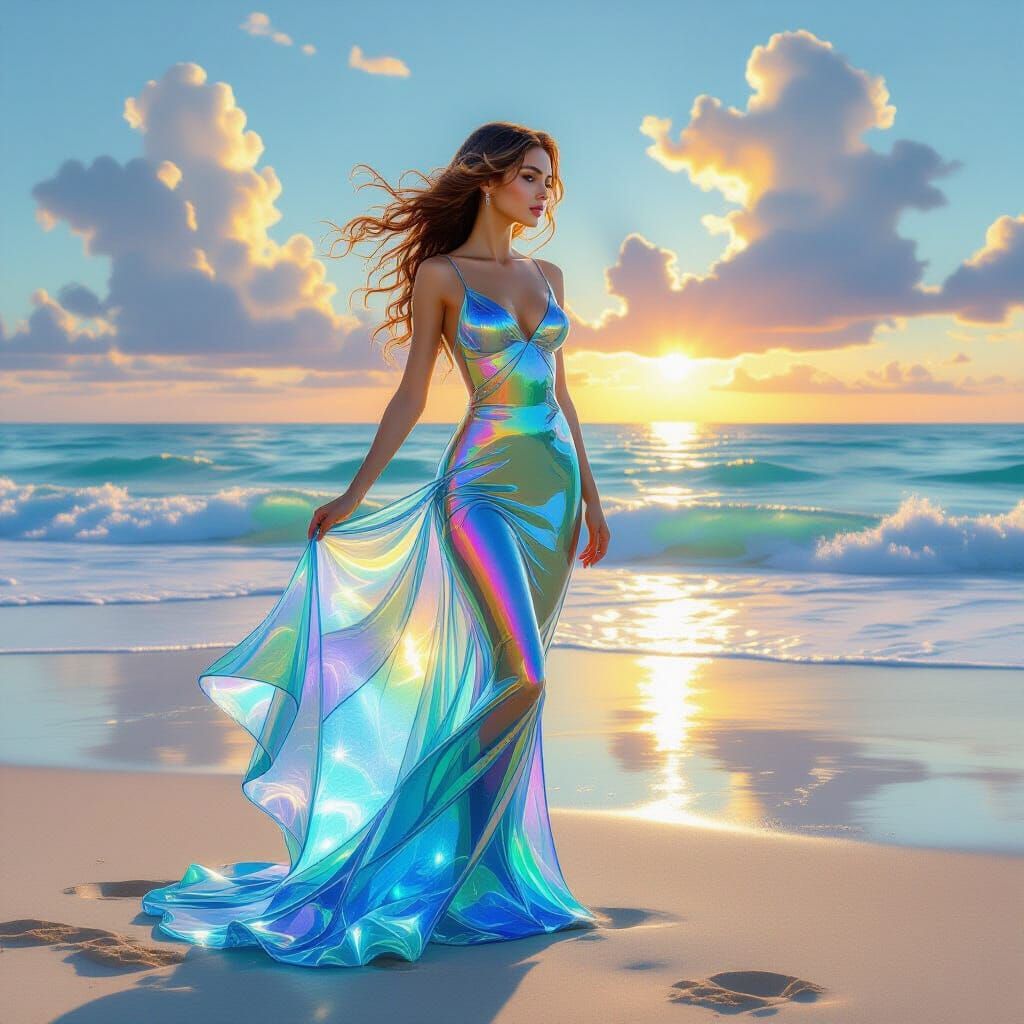Ocean Glass Woman on Beach in Magical Realism Style