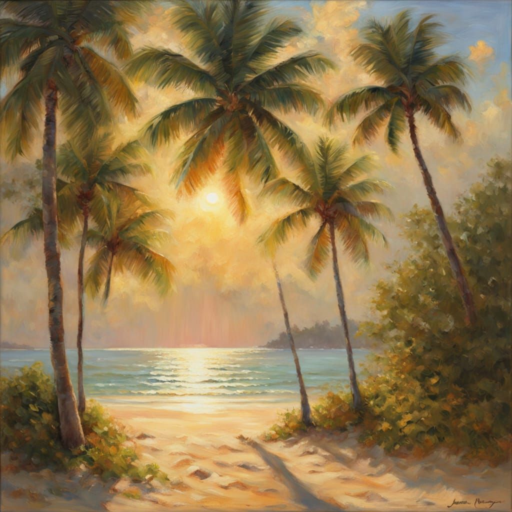 Tropical Beach Impressionist Painting with Sunlight