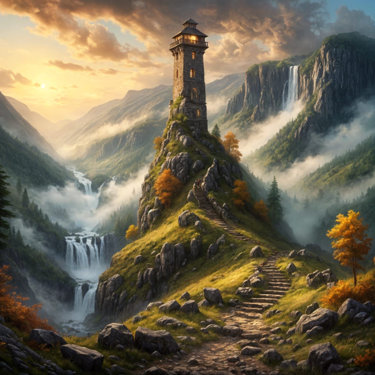 Stone Tower on Windswept Hill Under Starfall