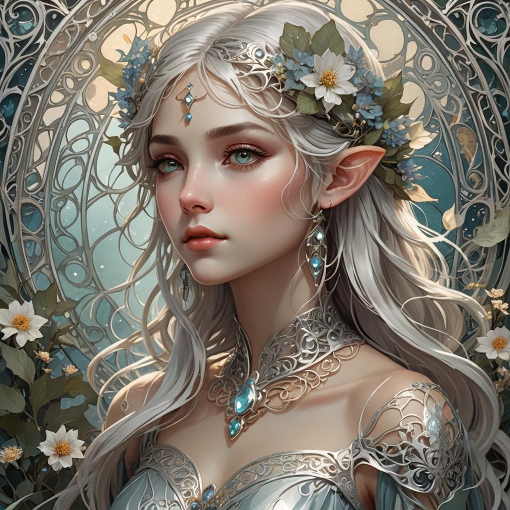 Silver-Haired Elf Surrounded by Floral Filigree