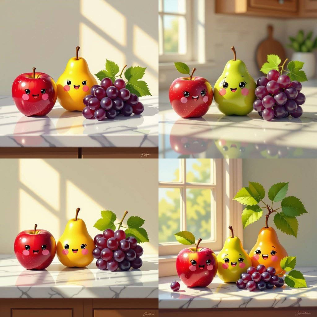 Happy Fruits on Marble Countertop in Vibrant Still Life Styl...