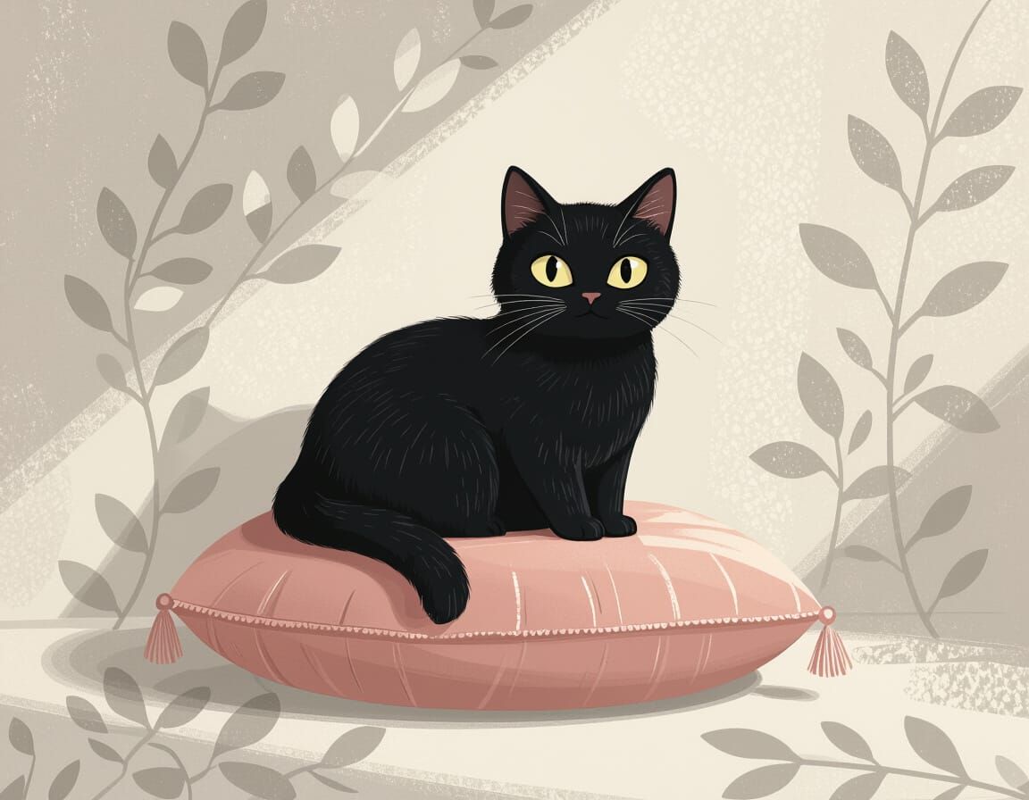 Whimsical Black Cat on Velvet Cushion, Digital Illustration