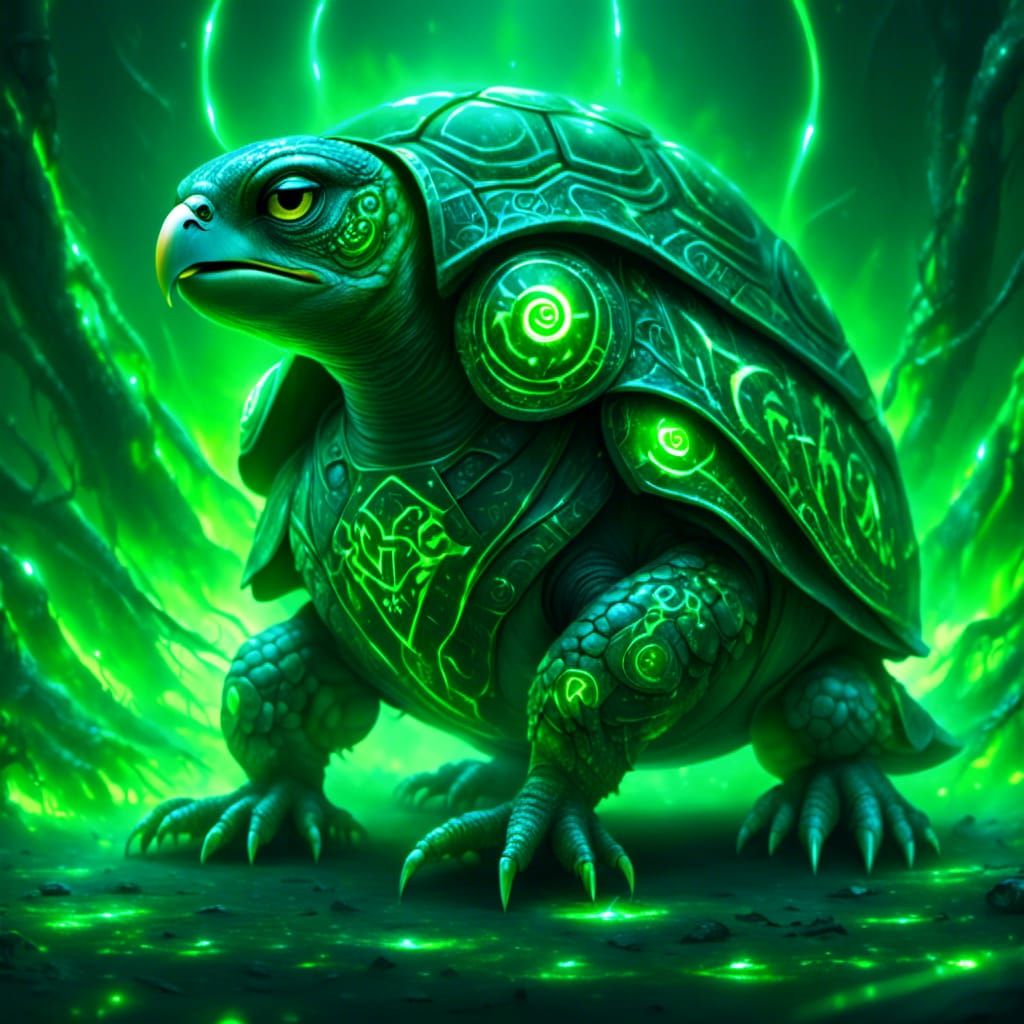 Turtle-Owl Hybrid with Glowing Runes Digital Painting