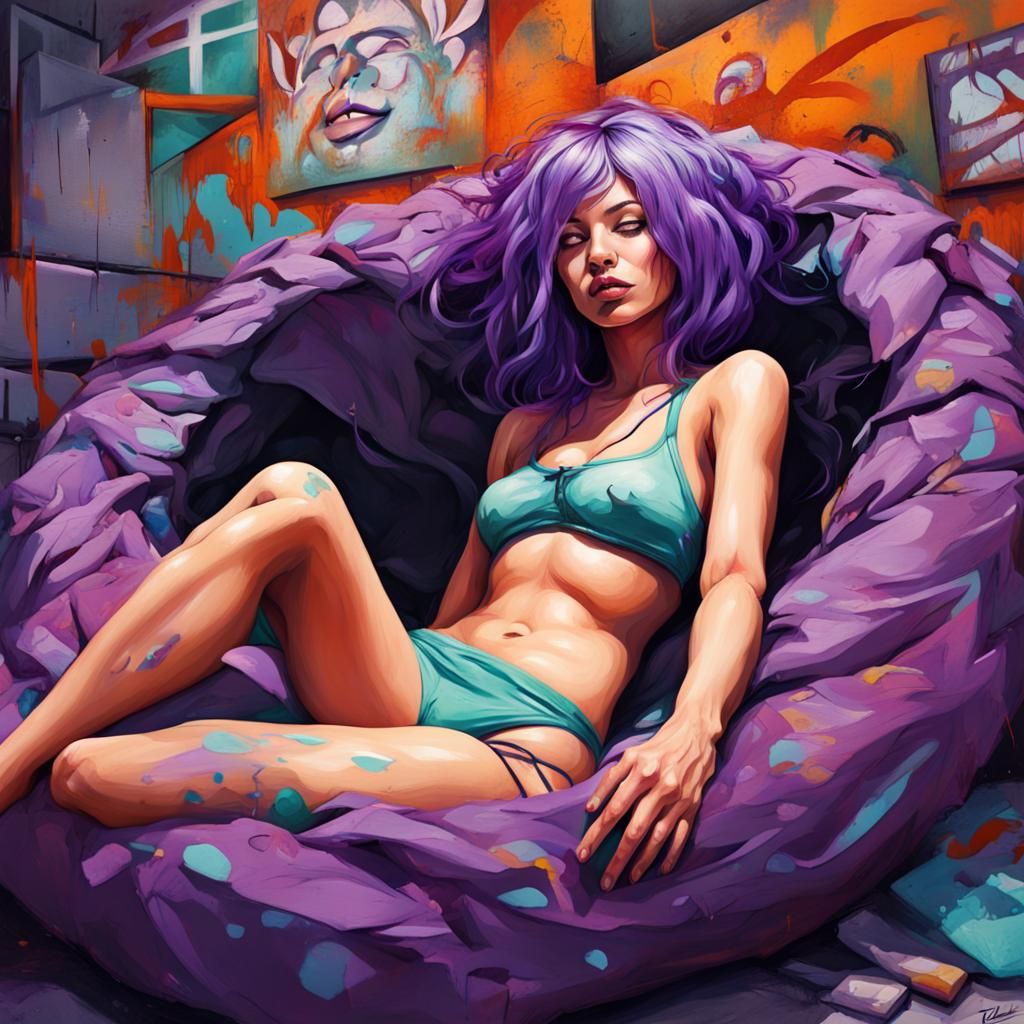 Woman in Pillows: Graffiti Art Style