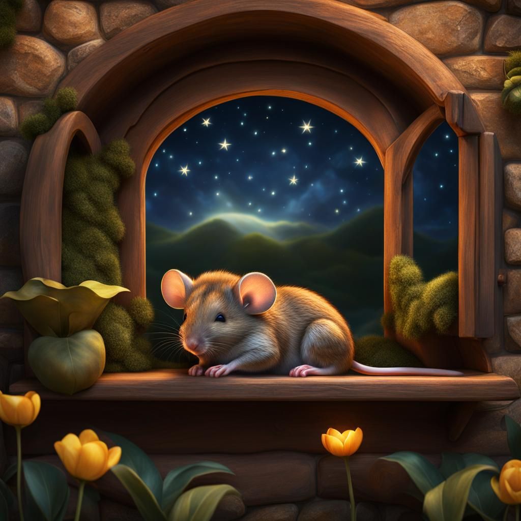 Peaceful Country Mouse Sleeping in Cottage Window