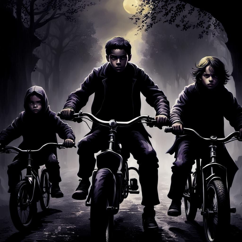 Kids on Bikes in Misty Street: Dark Fantasy Art