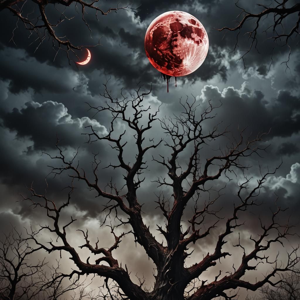 Shattered Moon Dripping Blood in Dark Surrealism