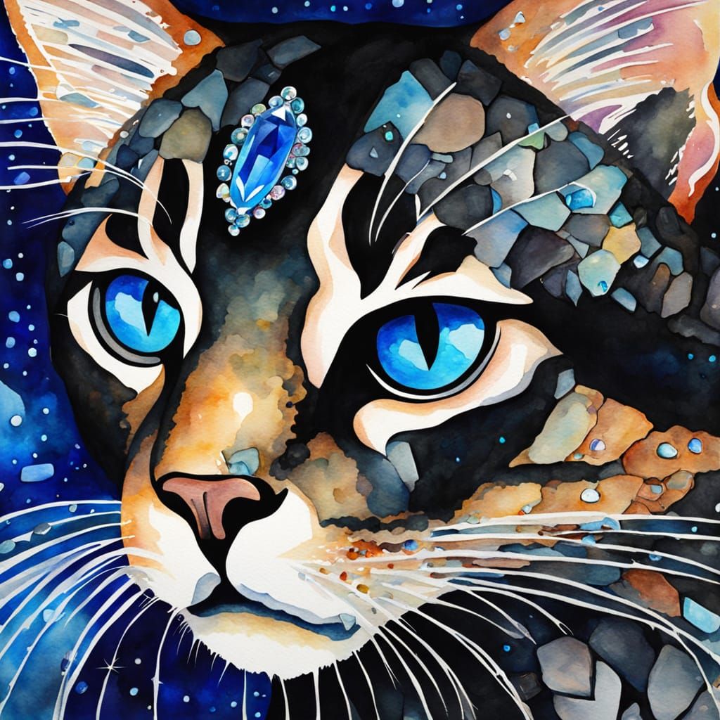 Obsidian Cat with Sapphire Eyes in Watercolor Style