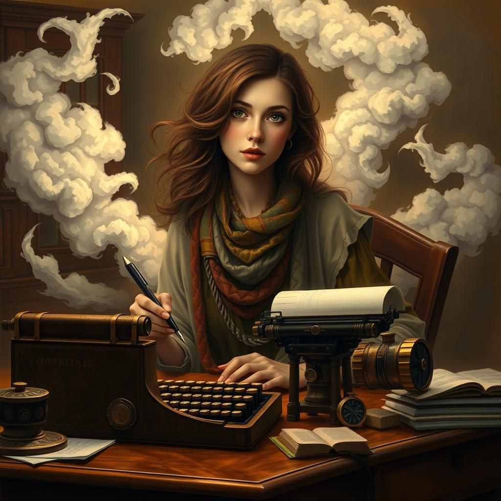 Woman at Desk Surrounded by Clouds of Creativity