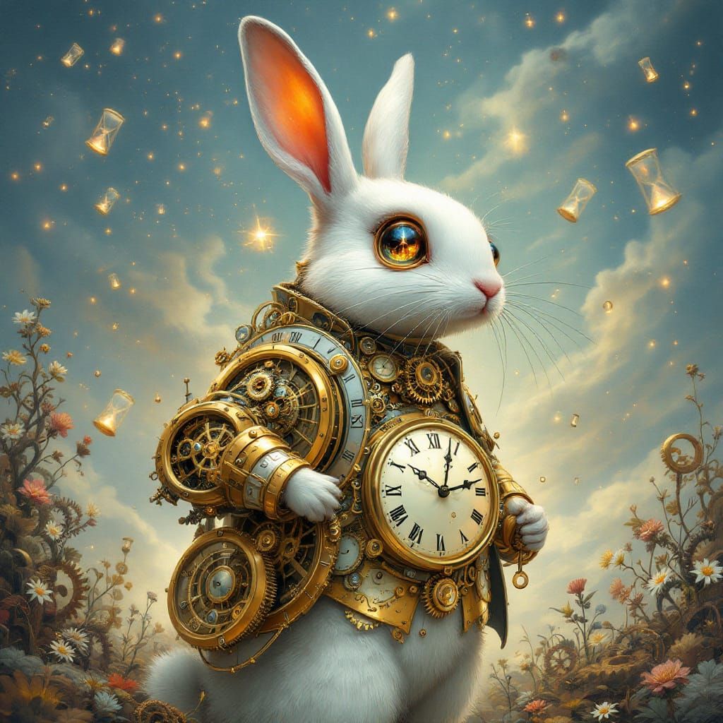 Steampunk Clockwork Rabbit in a Dreamlike Realm
