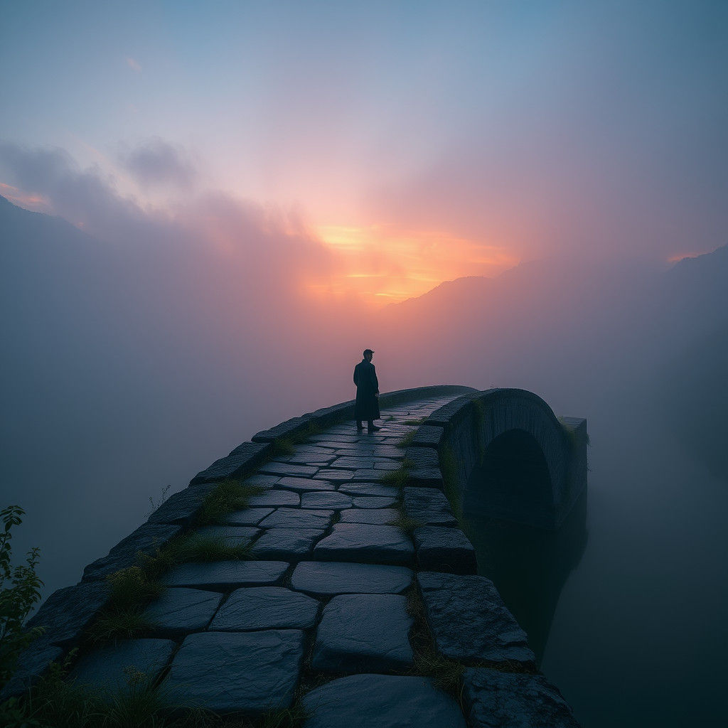 Misty Stone Bridge at Dusk: Hyperrealistic Reflection