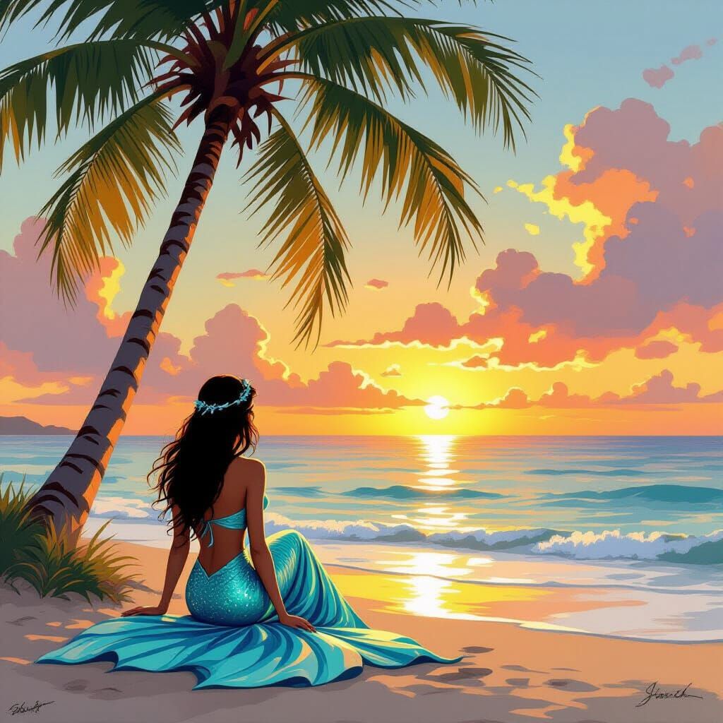 Mermaid Watching Ocean Sunset in Digital Art Style