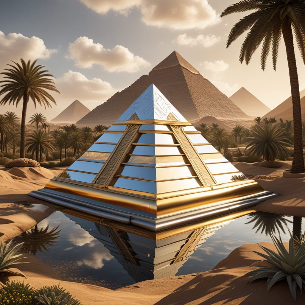 Silver Pyramid in Oasis Landscape