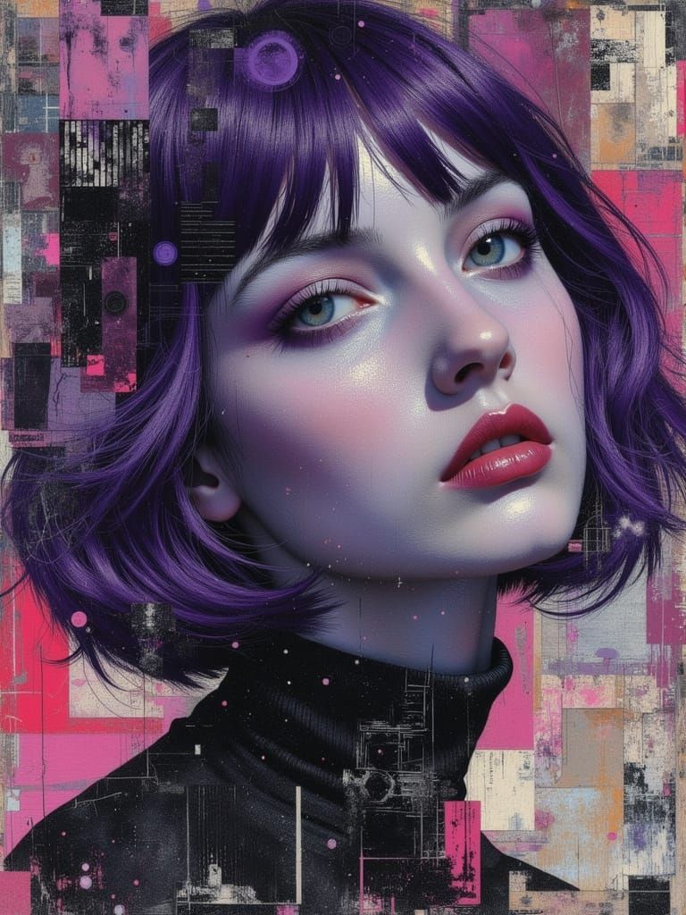 Gothic Portrait of a Melancholic Woman in Abstract Mixed Med...