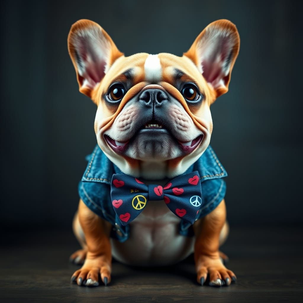 French Bulldog in Denim Jacket with Peace Sign and Bow Tie, ...