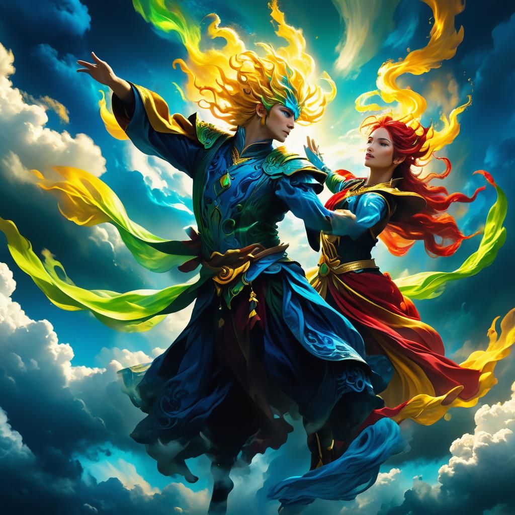 Air Elemental Dances in Colorful Sky: Fantasy Art