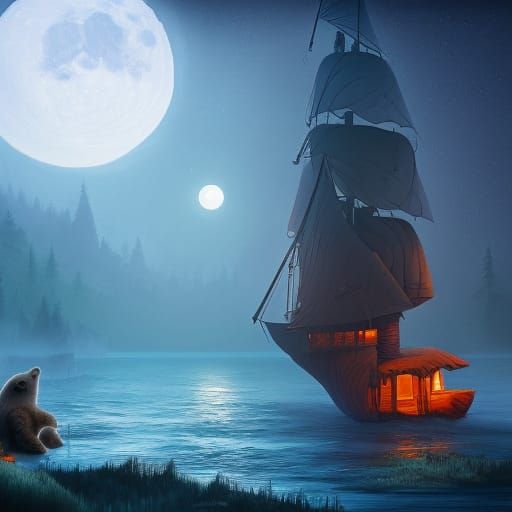 Floating Halloween Cabin with Bear and Rabbit