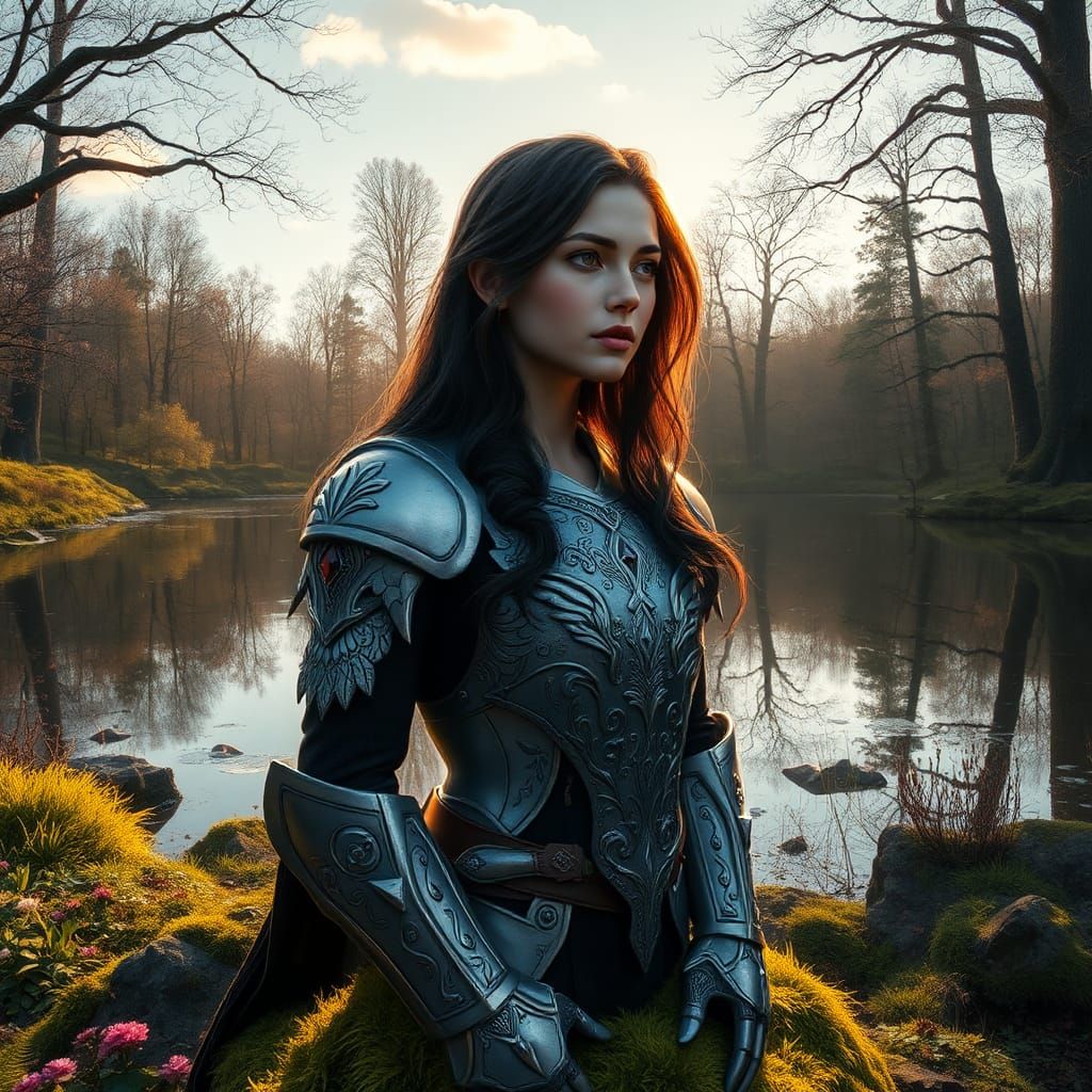 Woman in Silver Armor at Spring Sunrise