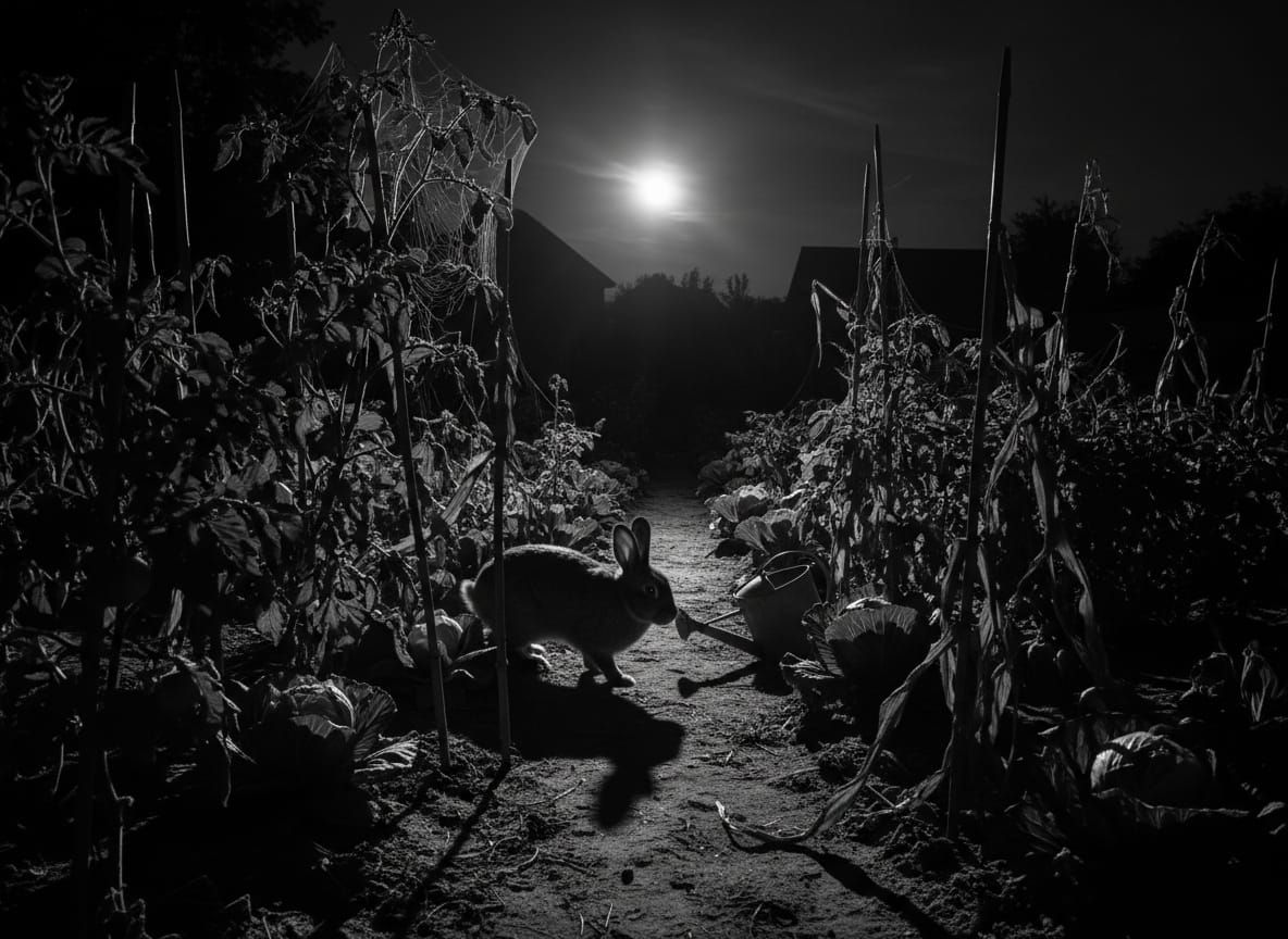Rabbit in Shadowy Garden at Night Chiaroscuro Photo