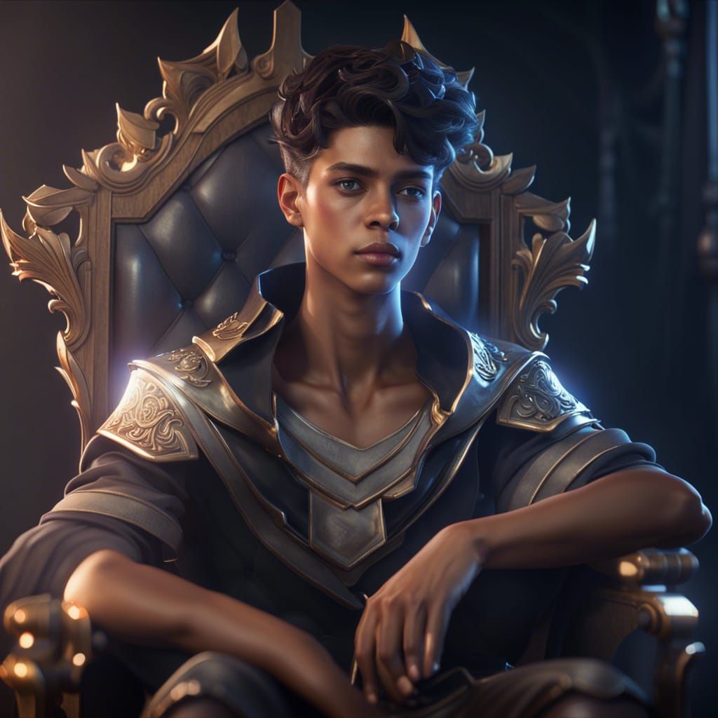 Androgynous Teen Prince on Throne in 3D Cinematic Style