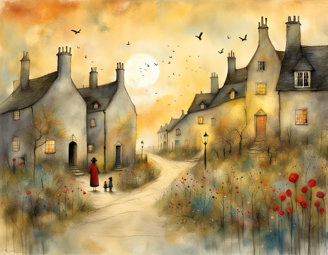 Seaside Village Sunrise in Whimsical Illustration Style