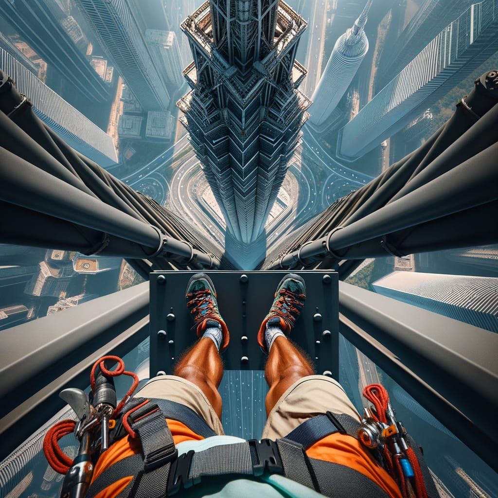 Mountaineer's Vertigo: Woman Climber at Towering Height