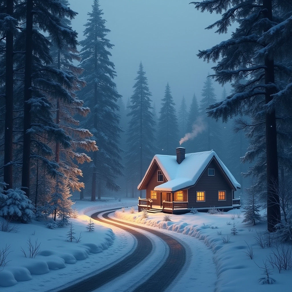 Snowy Cabin in Forest: Matte Painting