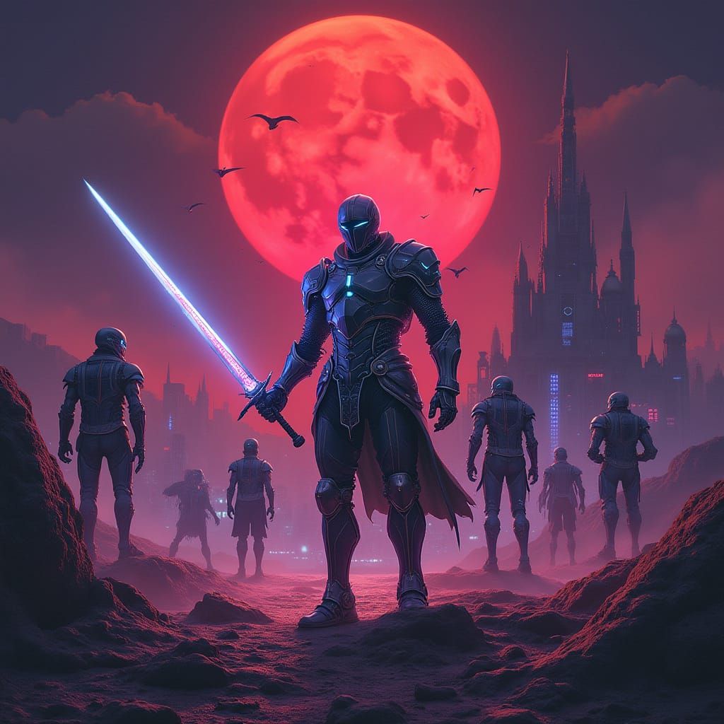 Futuristic Knight Under a Blood-Red Moon