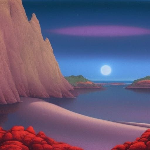 Mystical Shoreline at Night in Surreal Sketchy Style
