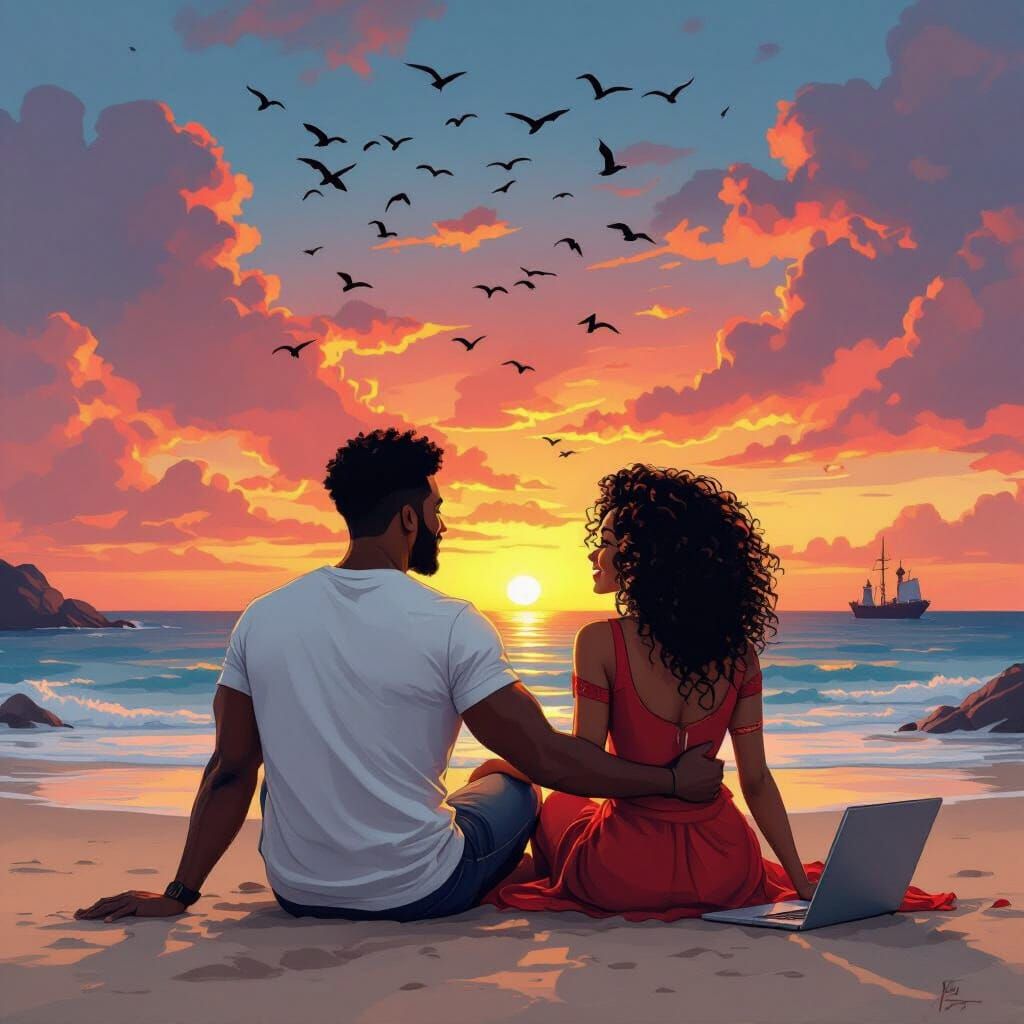 Joyful Couple Watches Vivid Sunset on Beach